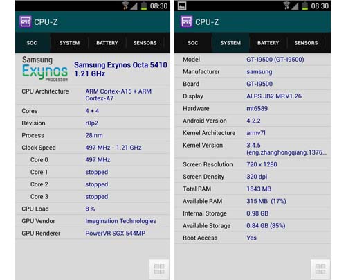 Spesifikasi Samsung Galaxy S4 palsu CPU-Z