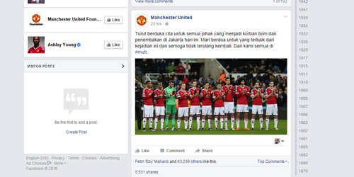 MU beri ucapan belasungkawa Indonesia atas bom sarinah @facebook.com
