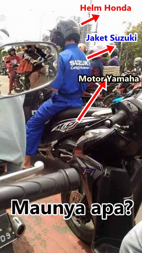 Helm Honda, Jaket Suzuki, Motor Yamaha